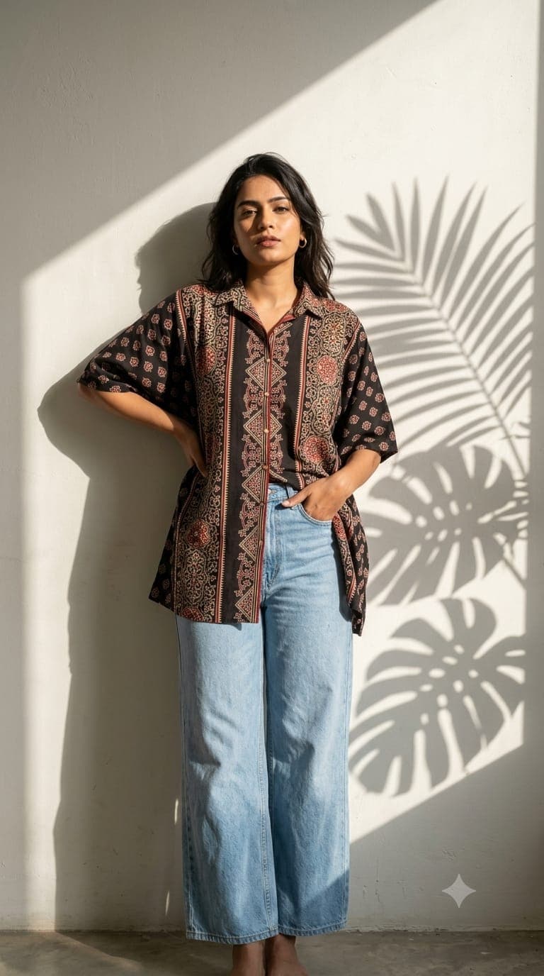 Cotton Ajrakh Black Kaftan Shirt - image 1