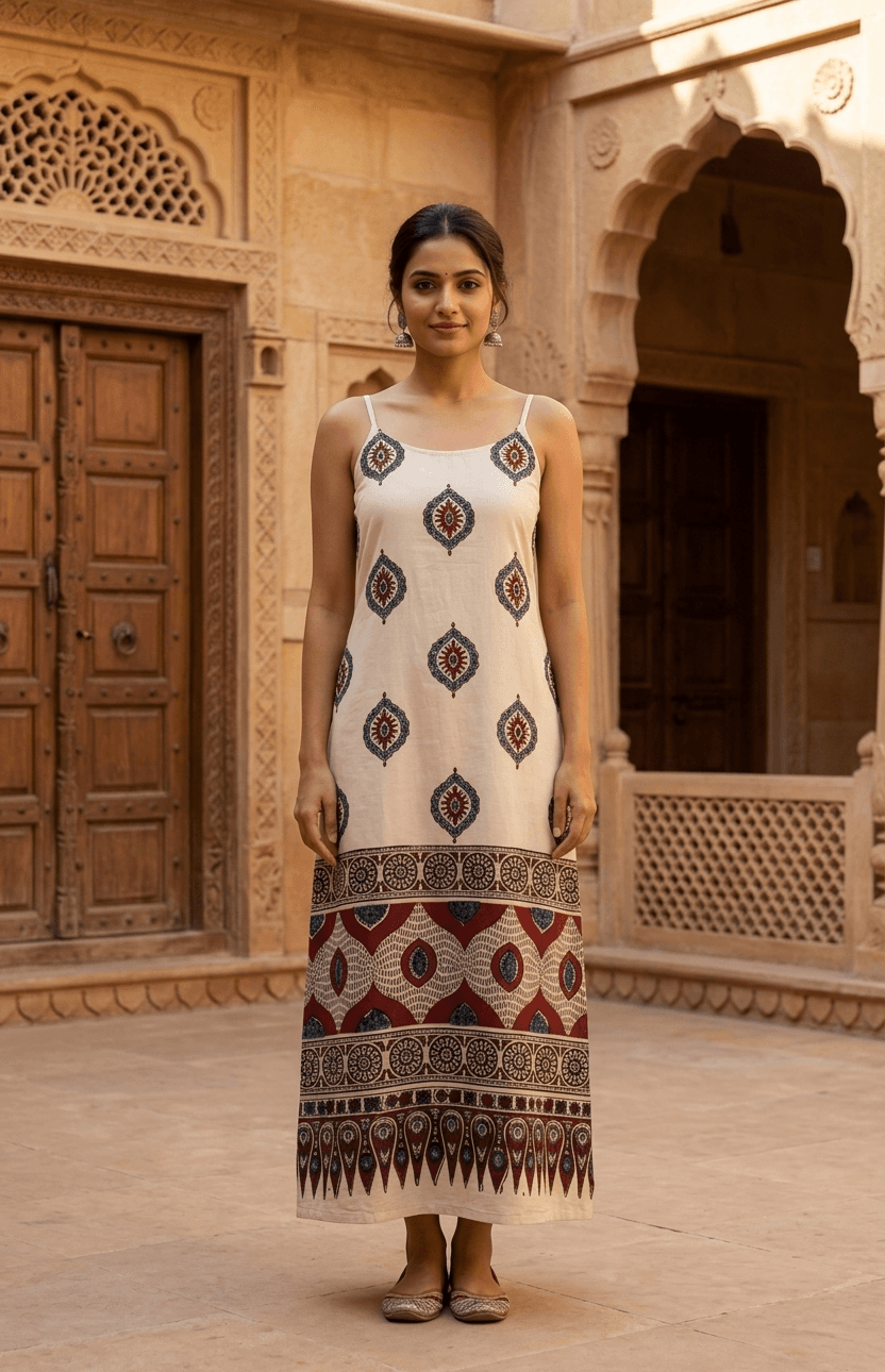Mashru Silk Ajrakh Spaghetti long Kurti - image 1