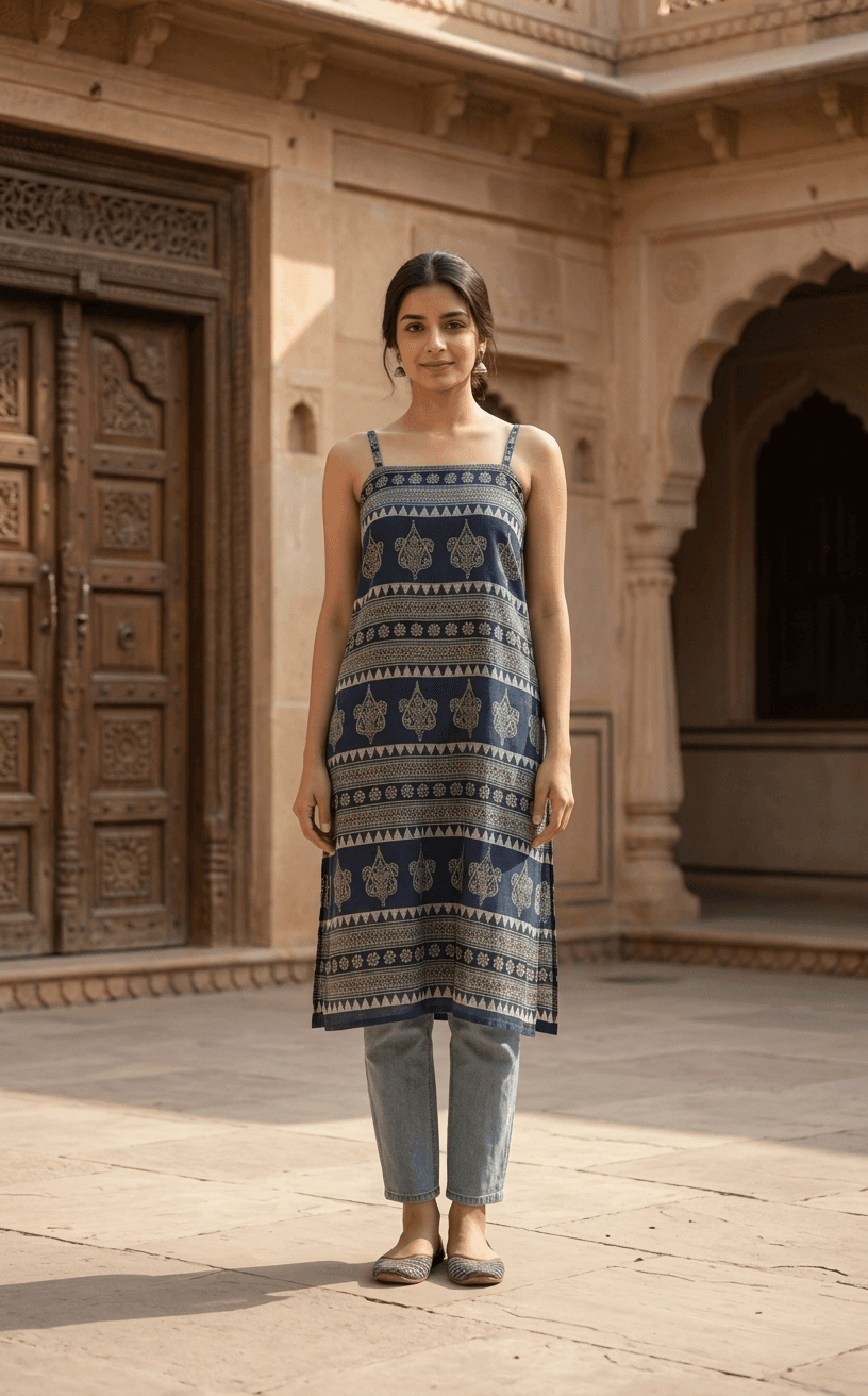 Mashru Silk Ajrakh Spaghetti long Kurti