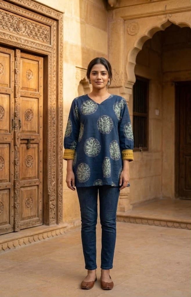 Cotton Natural Dyed Ajrakh Block Print Short Top