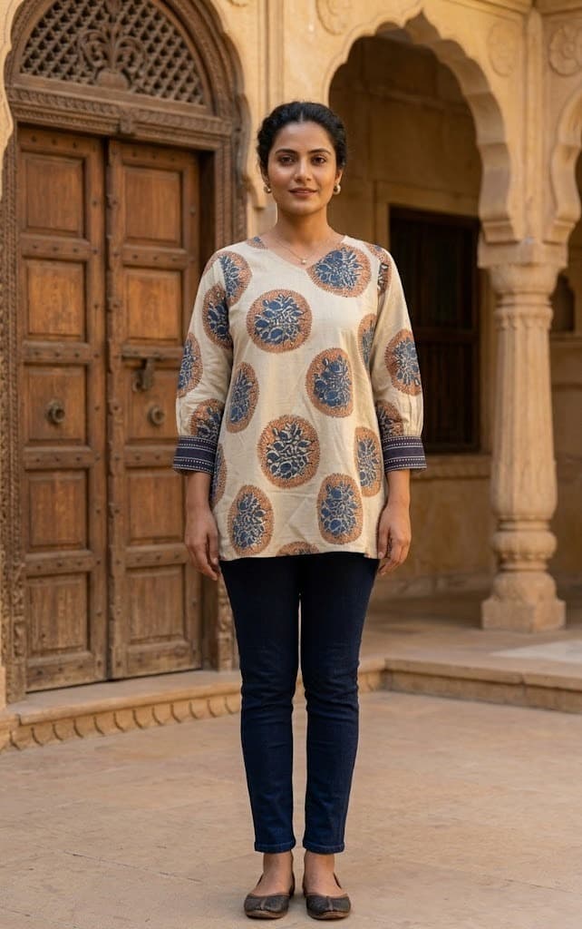 Cotton Natural Dyed Ajrakh Block Print Short Top